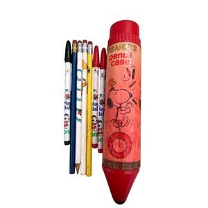 Vintage Peanuts Snoopy pencil case lot with included pencils and pens.